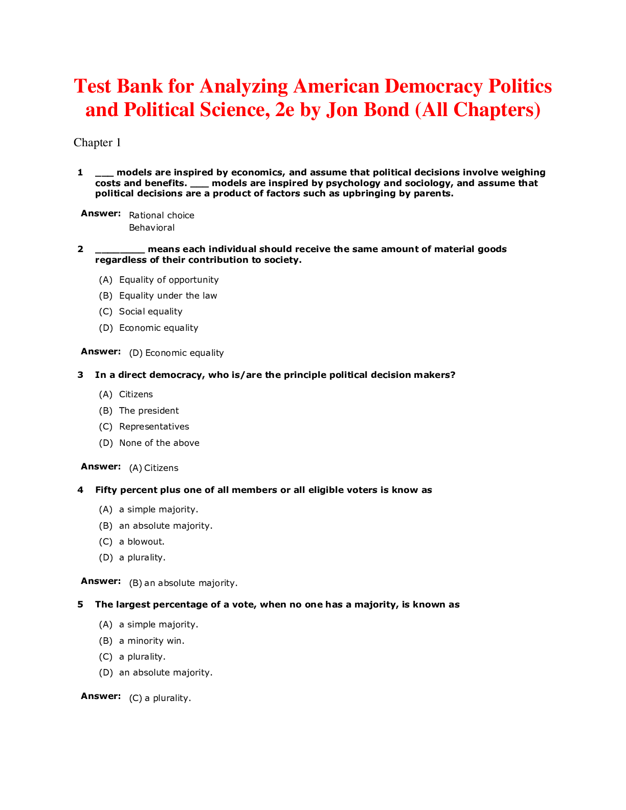 Preview of Analyzing American Democracy Politics and Political Science, 2e by Jon Bond (Test Bank All
